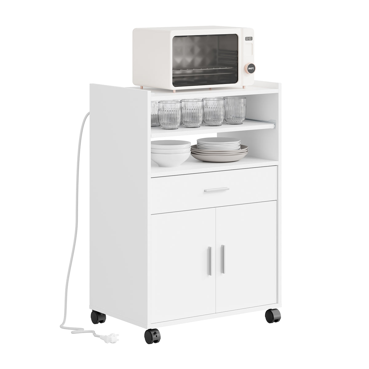 SoBuy FSB09-E-W Desserte de Cuisine avec Station de Charge 4-en-1 – Roulettes ou Pieds, 1 Tiroir, 2 Portes, Étagère Réglable,