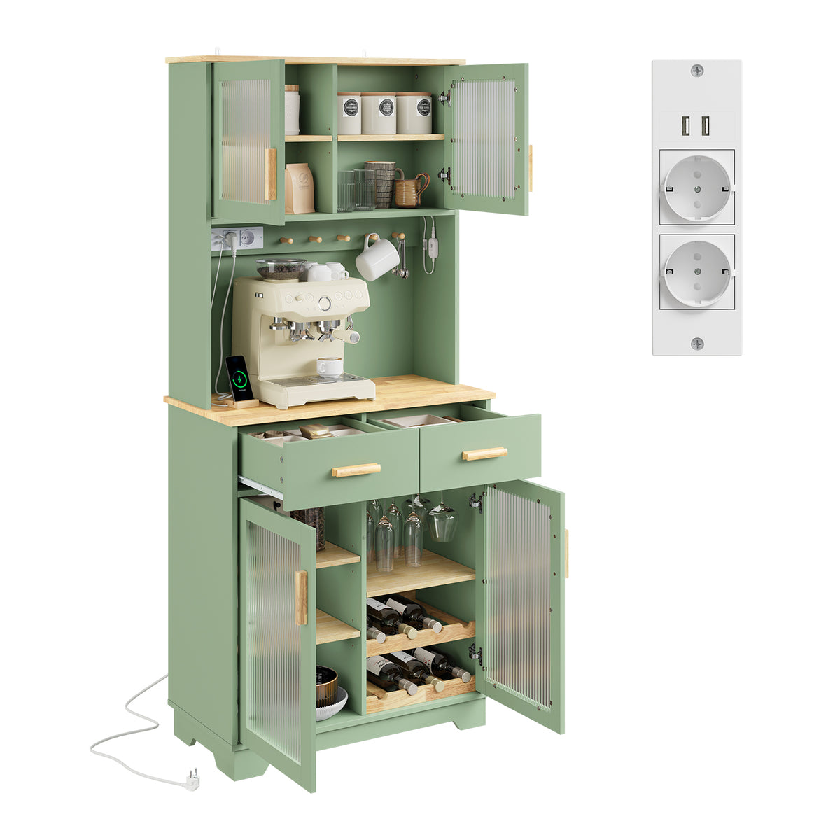 SoBuy FSB108-E-GR Buffet de Cuisine avec Éclairage LED et Prises USB – 4 Portes Vitrées, 2 Tiroirs, 6 Étagères – 80×38×180 cm, Vert Sauge