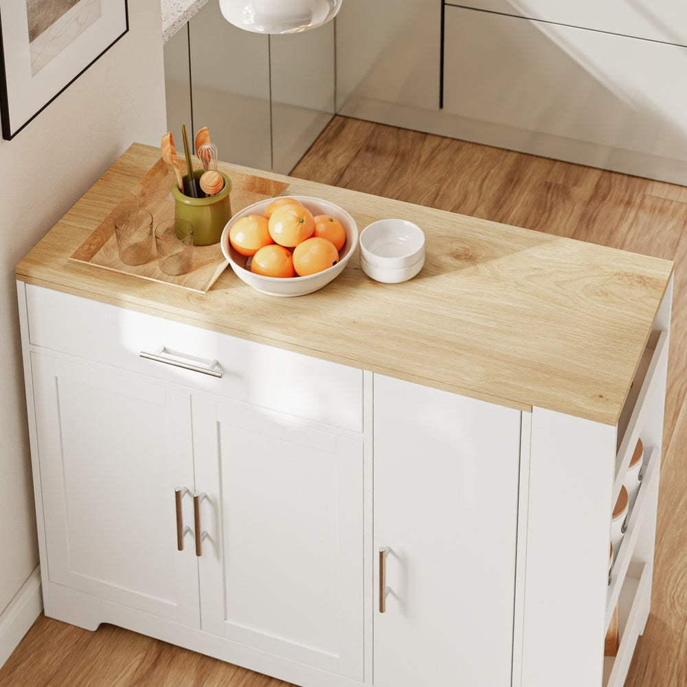 SoBuy FSB110-WN Îlot Central de Cuisine Scandinave avec Tiroir Compartimenté – Plan de Travail Extensible Rabattable, 3 Portes et 2 Étagères – 104×40×89 cm, Charge 100 kg