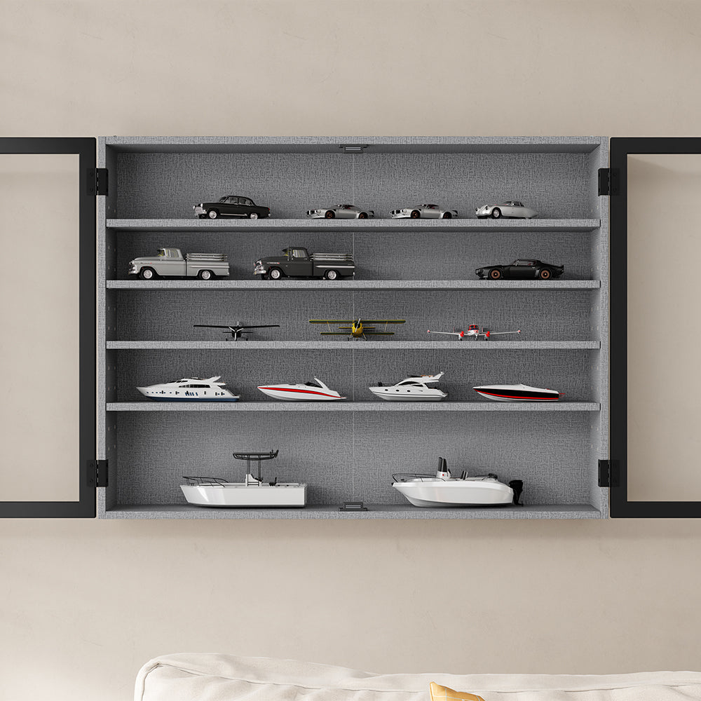 SoBuy FSB113-DG Vitrine Murale Suspendue avec Portes en Verre – Étagère Murale 5 Compartiments pour Collection, Finition Mélaminée Gris – 80×12,2×60 cm, Charge 10 kg