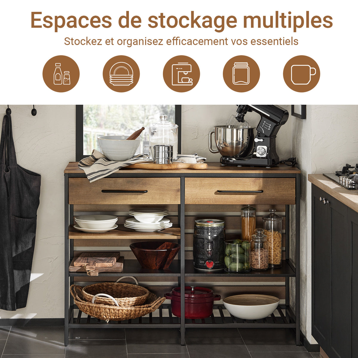 SoBuy FSB85-PF Bufet de Bucătărie Industrial cu Rafturi Deschise, Sertare și Suport pentru Sticle - Mobilier de Depozitare cu Spațiu pentru Cuptorul cu Microunde - pentru Bucătărie, Sufragerie sau Hol 120x91x45cm Maro