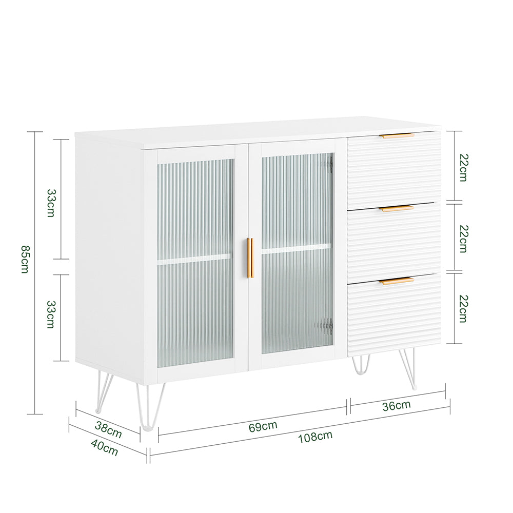 SoBuy FSB86-W Comodă joasă, Dulap de depozitare, Bufet pentru bucătărie, Sufragerie, Living, Hol cu Dulap, 3 Sertare și 2 Uși din Sticlă, 108 x 40 x 85 cm, Alb