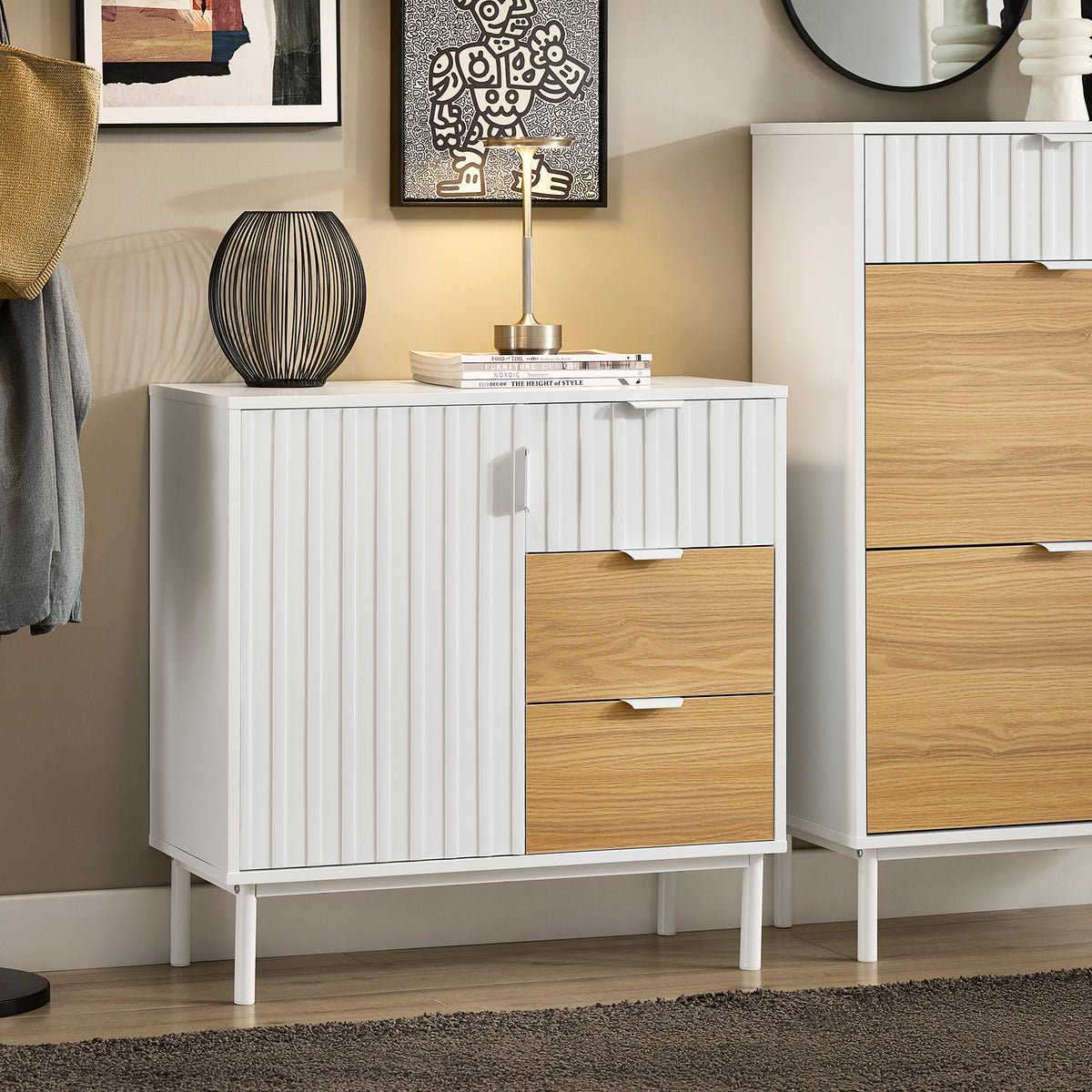 SoBuy FSB91-WN Bufet, Dulap de Depozitare cu 3 Sertare și 1 Ușă, Picioare Metalice, Comodă Multifuncțională pentru Hol, Living – 75x35x76 cm, Alb și Natur