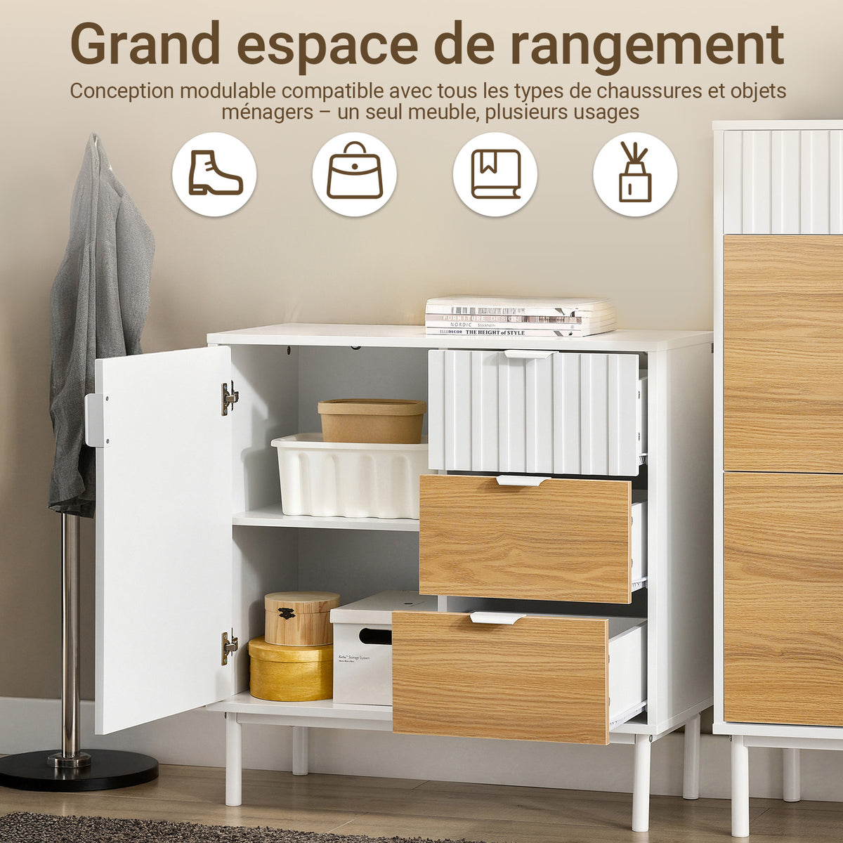 SoBuy FSB91-WN Bufet, Dulap de Depozitare cu 3 Sertare și 1 Ușă, Picioare Metalice, Comodă Multifuncțională pentru Hol, Living – 75x35x76 cm, Alb și Natur