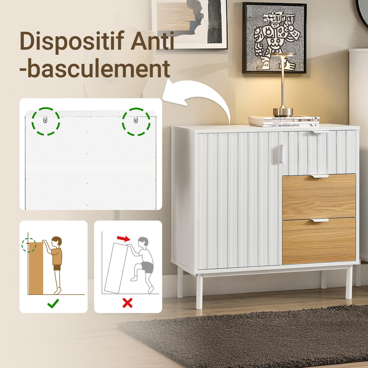 SoBuy FSB91-WN Bufet, Dulap de Depozitare cu 3 Sertare și 1 Ușă, Picioare Metalice, Comodă Multifuncțională pentru Hol, Living – 75x35x76 cm, Alb și Natur