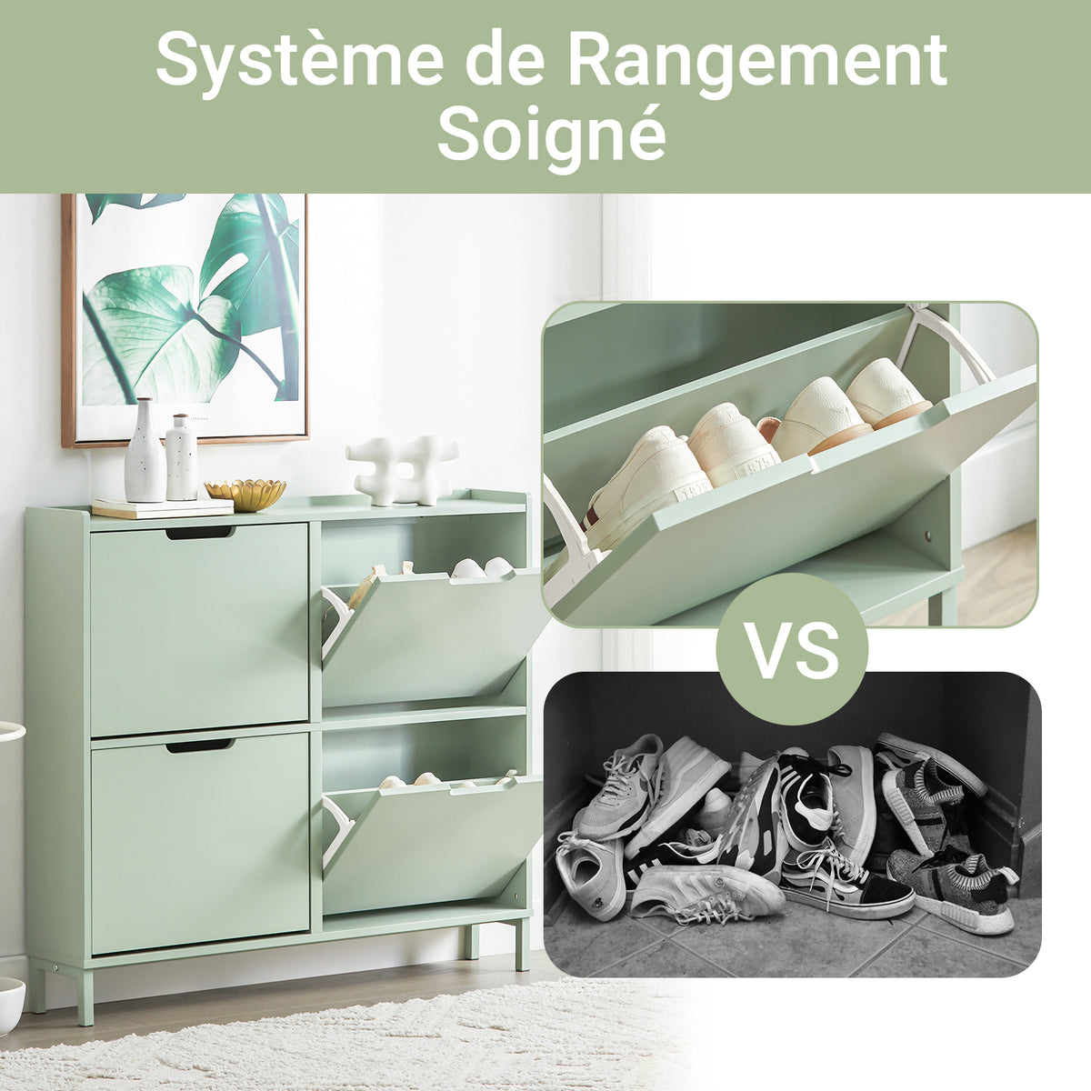 SoBuy FSR100-GR Dulap de pantofi ultra-subțire 19cm – 4 Compartimente rabatabile, 8-12 Perechi, Anti-răsturnare, 60kg – Verde Salvie