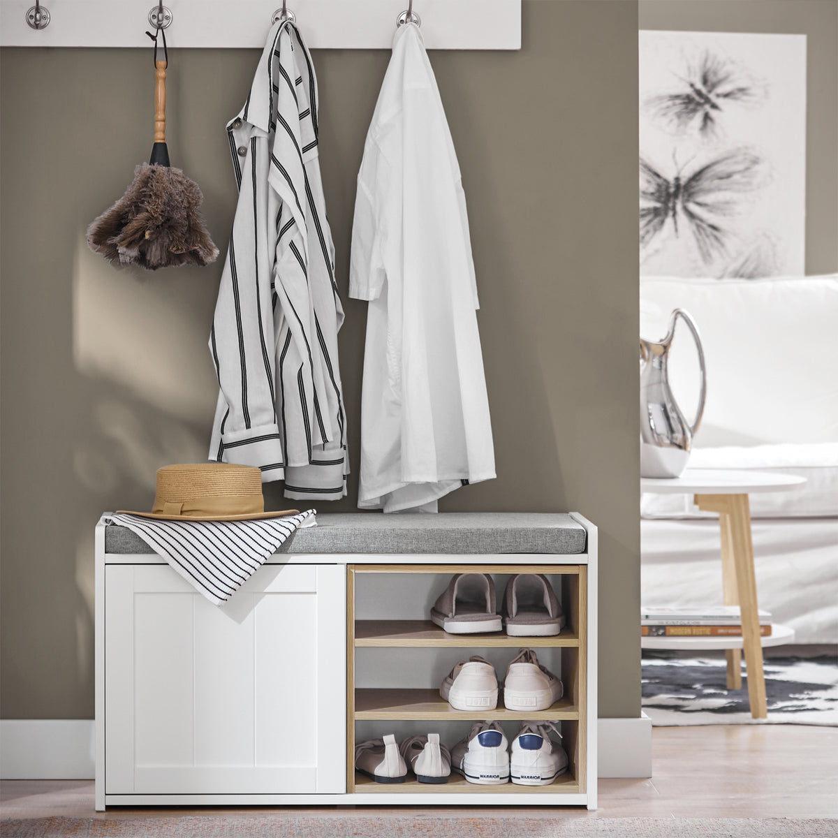 SoBuy FSR109-WN Banc pentru Pantofi cu Pernă Căptușită și Raft Detașabil pentru Hol Intrare – 80x35x45 cm, Alb și Natur