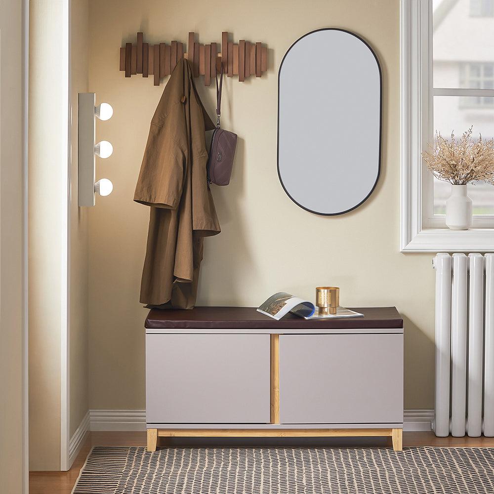 SoBuy FSR188-N Banchetă pentru Pantofi cu Pernă Căptușită, 2 Uși și 4 Compartimente Deschise pentru Intrare – 104x35x47 cm, Natural