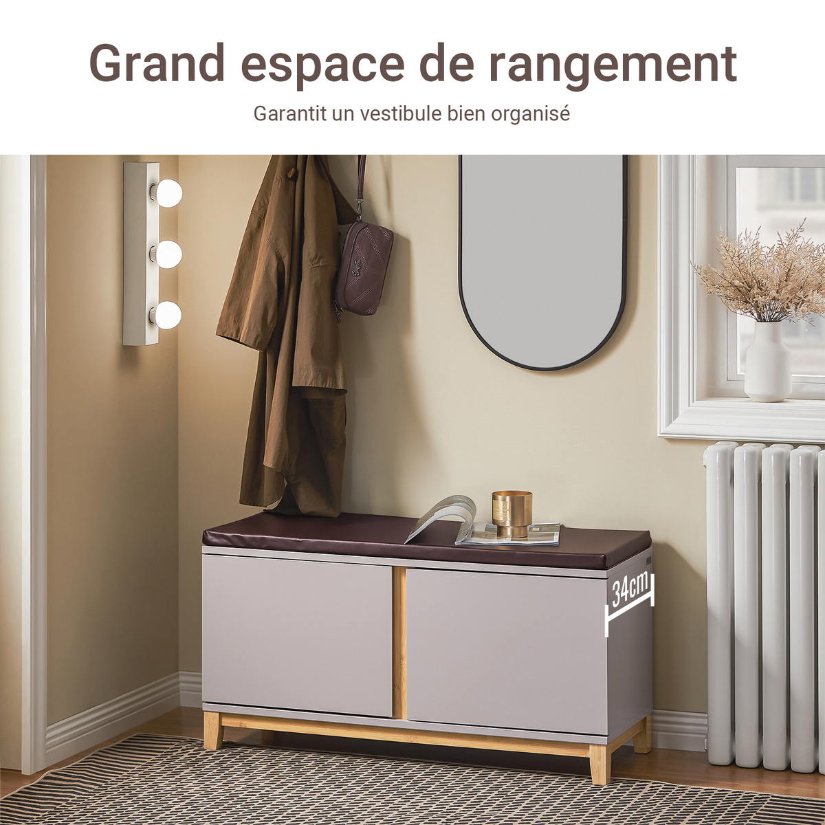 SoBuy FSR117-KA Banc à Chaussures avec Coussin Amovible – 2 Portes, Étagères Réglables, 4 Compartiments, 150 kg, 104×35×47 cm, Kaki