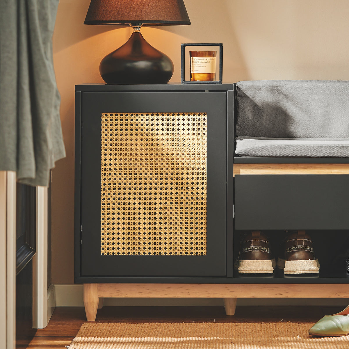 SoBuy FSR128-SCH Dulap Pantofi Banc Pantofi Intrare cu Sertar, Ușă Grilată, Pernă Confortabilă pentru Mobilier de Intrare sau Bancă de Intrare, Depozitare Pantofi Negru 100x35x60cm