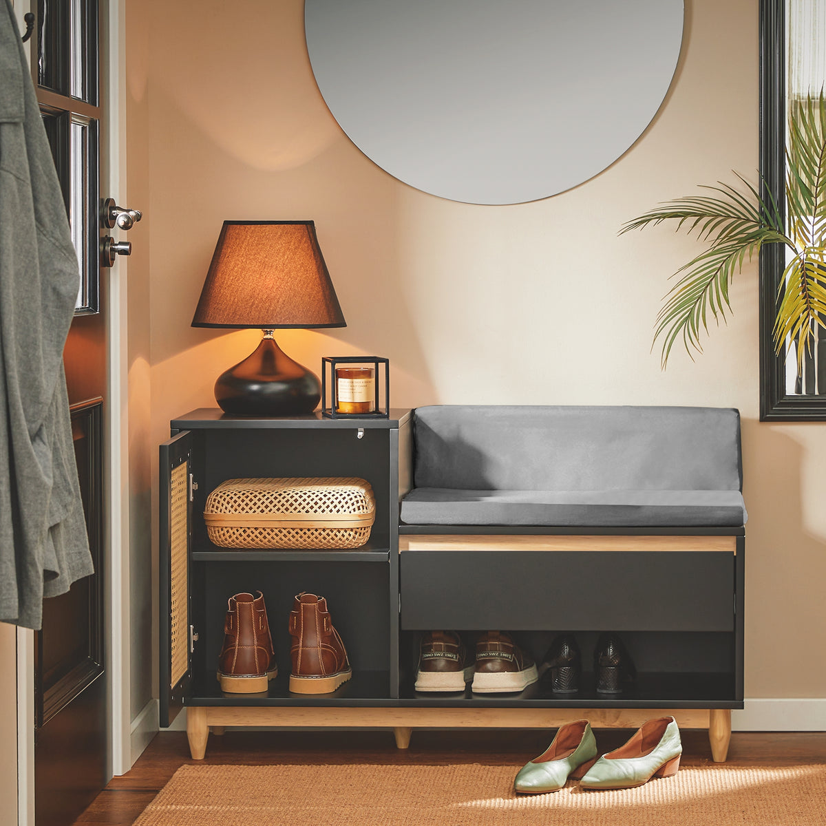 SoBuy FSR128-SCH Dulap Pantofi Banc Pantofi Intrare cu Sertar, Ușă Grilată, Pernă Confortabilă pentru Mobilier de Intrare sau Bancă de Intrare, Depozitare Pantofi Negru 100x35x60cm