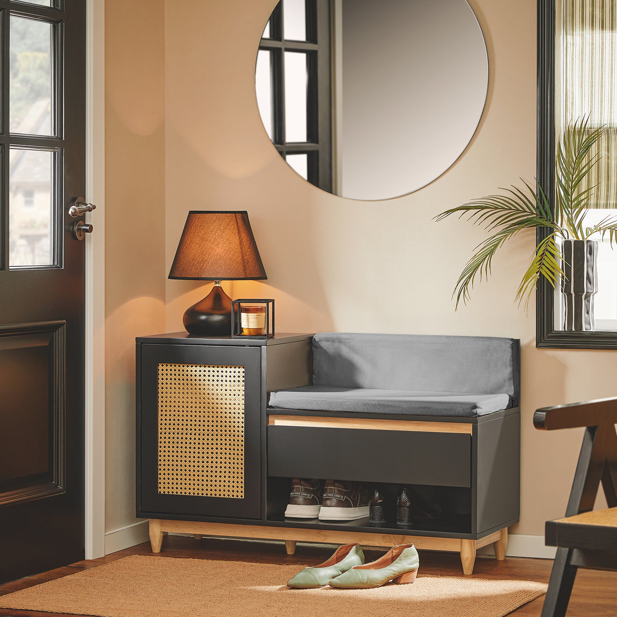 SoBuy FSR128-SCH Dulap Pantofi Banc Pantofi Intrare cu Sertar, Ușă Grilată, Pernă Confortabilă pentru Mobilier de Intrare sau Bancă de Intrare, Depozitare Pantofi Negru 100x35x60cm