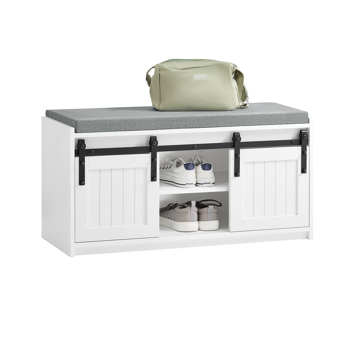 SoBuy FSR133-K-W Banc à Chaussures avec Coussin Rembourré, Porte de Grange Coulissante, 6 Compartiments Réglables, Charge 200