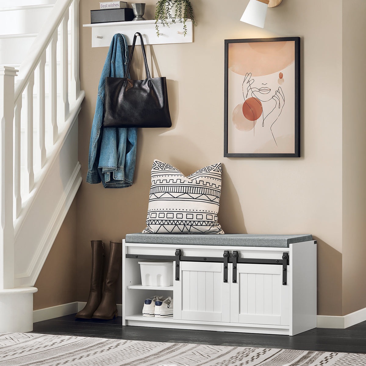 SoBuy FSR133-K-W Banc pentru Pantofi cu Pernă Căptușită, Ușă de Hambar Glisantă și 6 Compartimente, Capacitate 200 kg pentru Hol – 90x35x46 cm, Alb