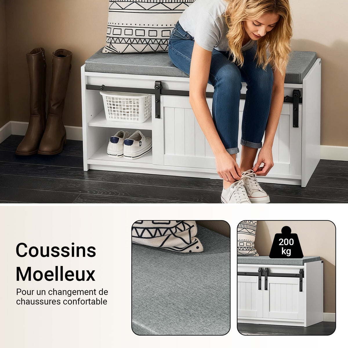 SoBuy FSR133-K-W Banc pentru Pantofi cu Pernă Căptușită, Ușă de Hambar Glisantă și 6 Compartimente, Capacitate 200 kg pentru Hol – 90x35x46 cm, Alb