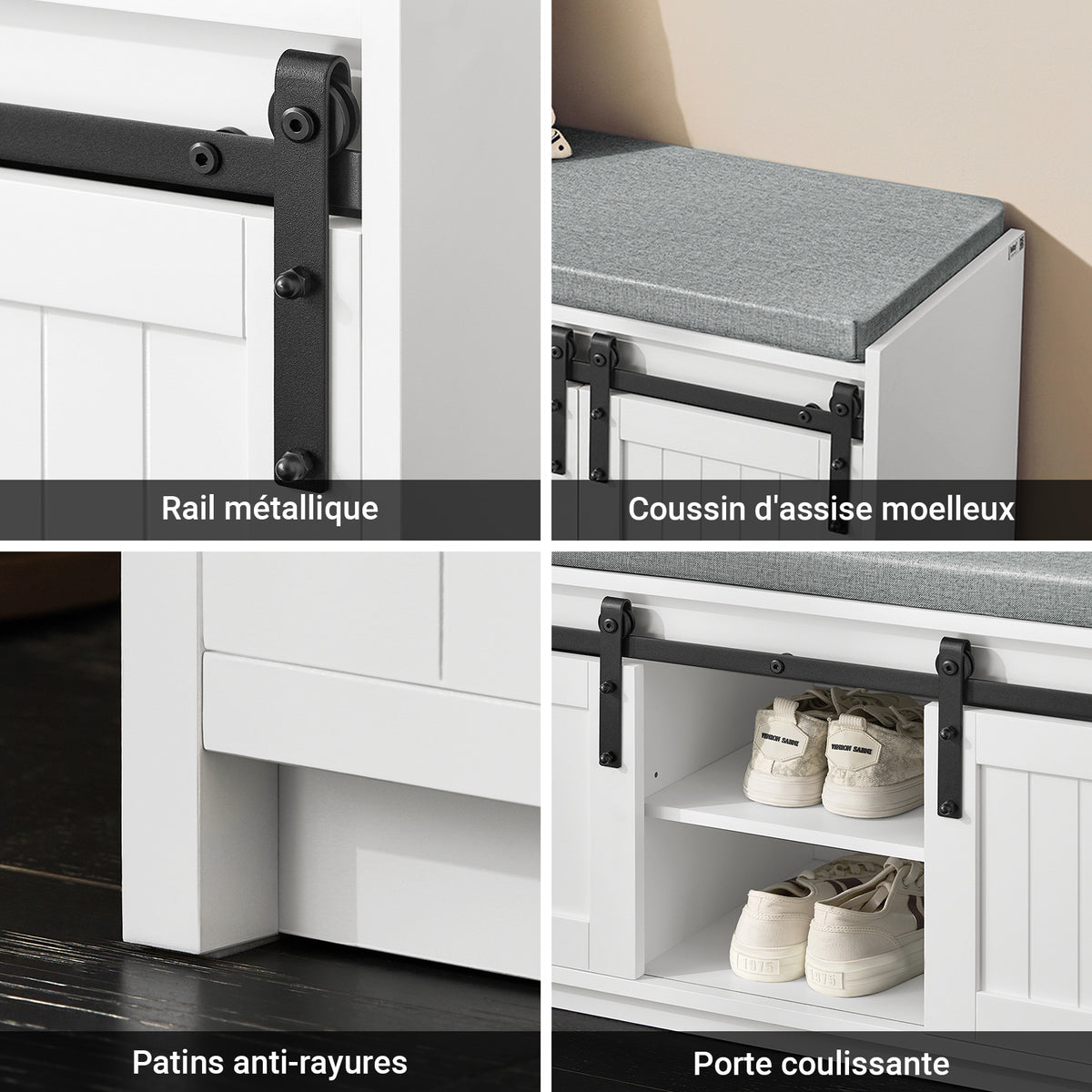 SoBuy FSR133-K-W Banc pentru Pantofi cu Pernă Căptușită, Ușă de Hambar Glisantă și 6 Compartimente, Capacitate 200 kg pentru Hol – 90x35x46 cm, Alb