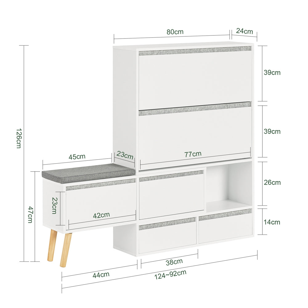 SoBuy FSR134-W Banc pentru Pantofi Modular cu Dulap pe Picioare, Mobilier pentru Hol – 124x24x126 cm, Alb