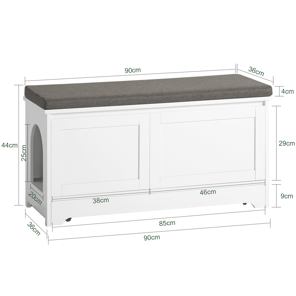 SoBuy FSR136-W Banc pentru Pantofi cu Pernă Căptușită, 2 Uși și Casă Integrată pentru Pisici pentru Intrare – 90x36x44 cm, Alb