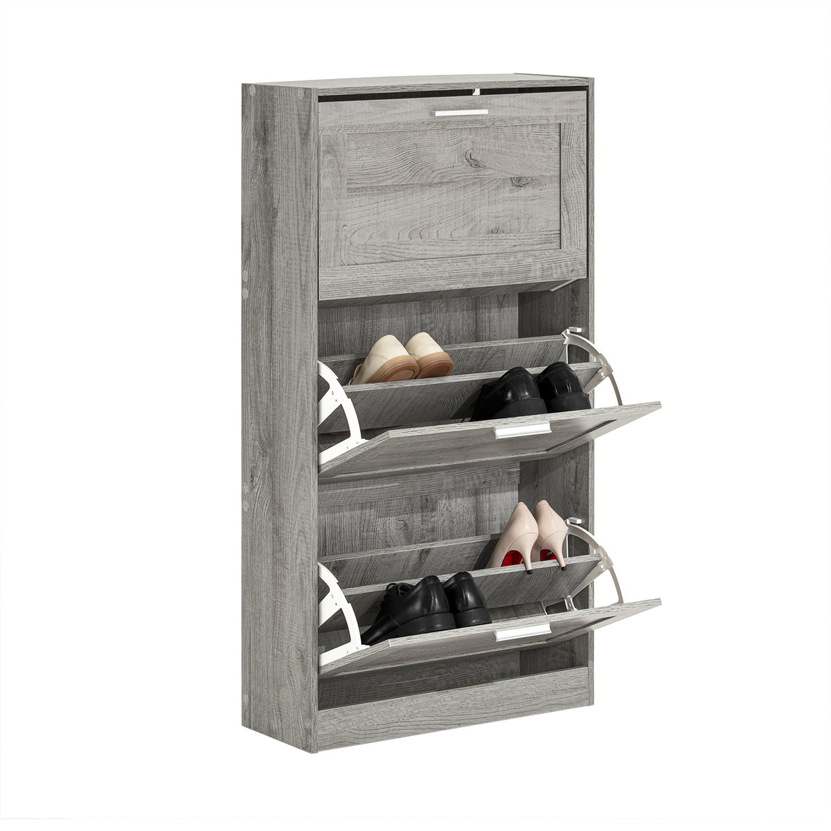 SoBuy FSR137-L-HG Meuble à Chaussures à Abattants 3 Niveaux Grande Capacité – Rangement Discret pour Entrée – Gris Effet Bois