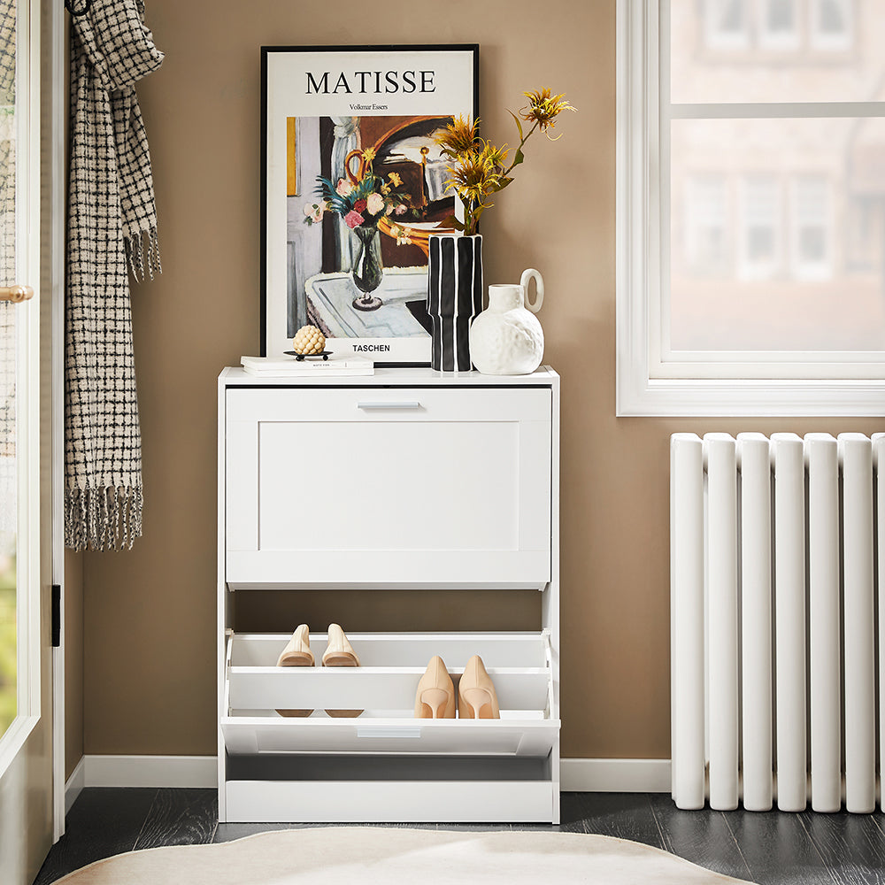SoBuy FSR137-W Dulap de pantofi cu 2 compartimente rabatabile – Soluție discretă de depozitare pentru hol – 60x25x80 cm Alb
