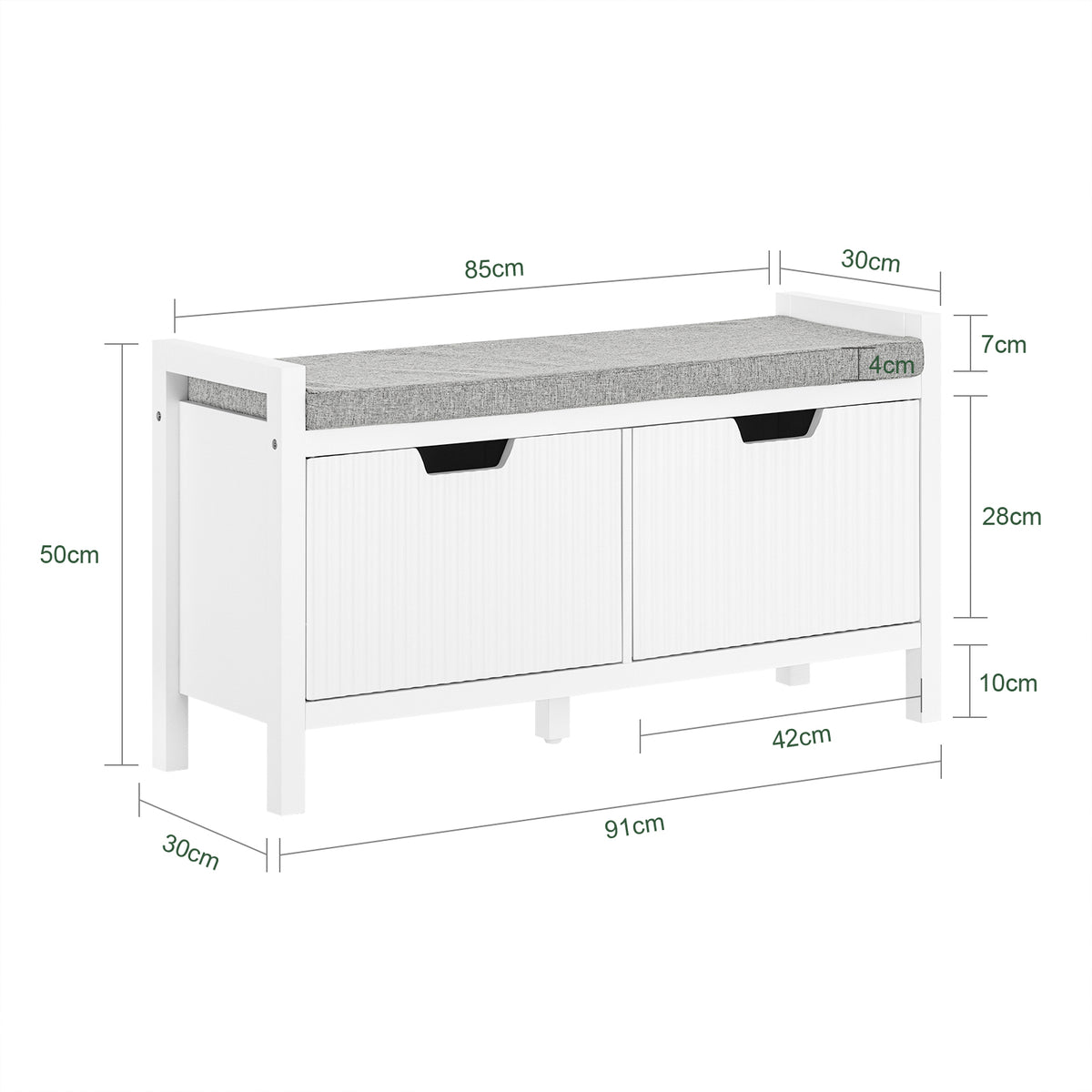 SoBuy FSR146-W Banchetă pentru încălțăminte cu pernă căptușită și 2 uși pentru hol/intrare – 91x30x50 cm, Alb