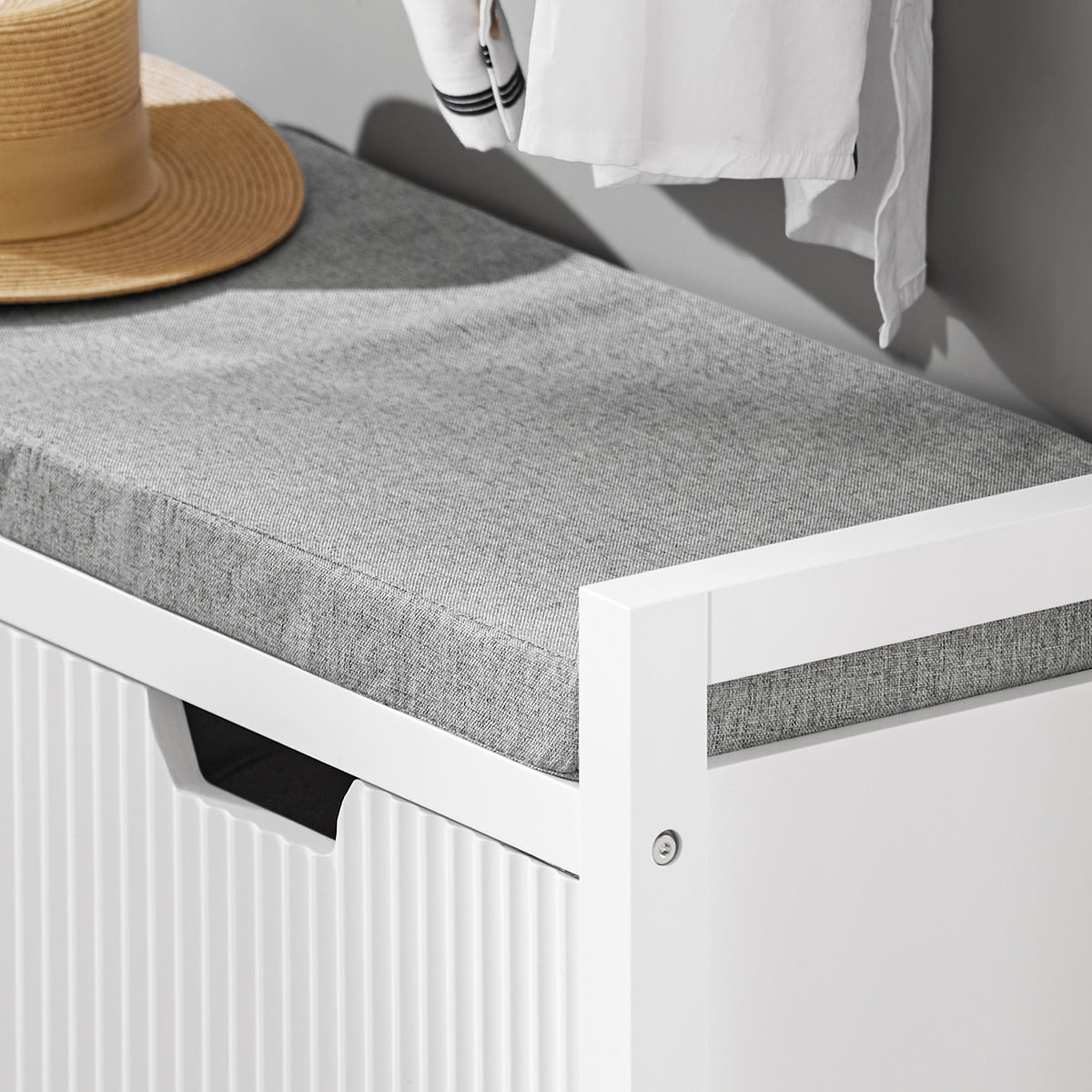 SoBuy FSR146-W Banchetă pentru încălțăminte cu pernă căptușită și 2 uși pentru hol/intrare – 91x30x50 cm, Alb