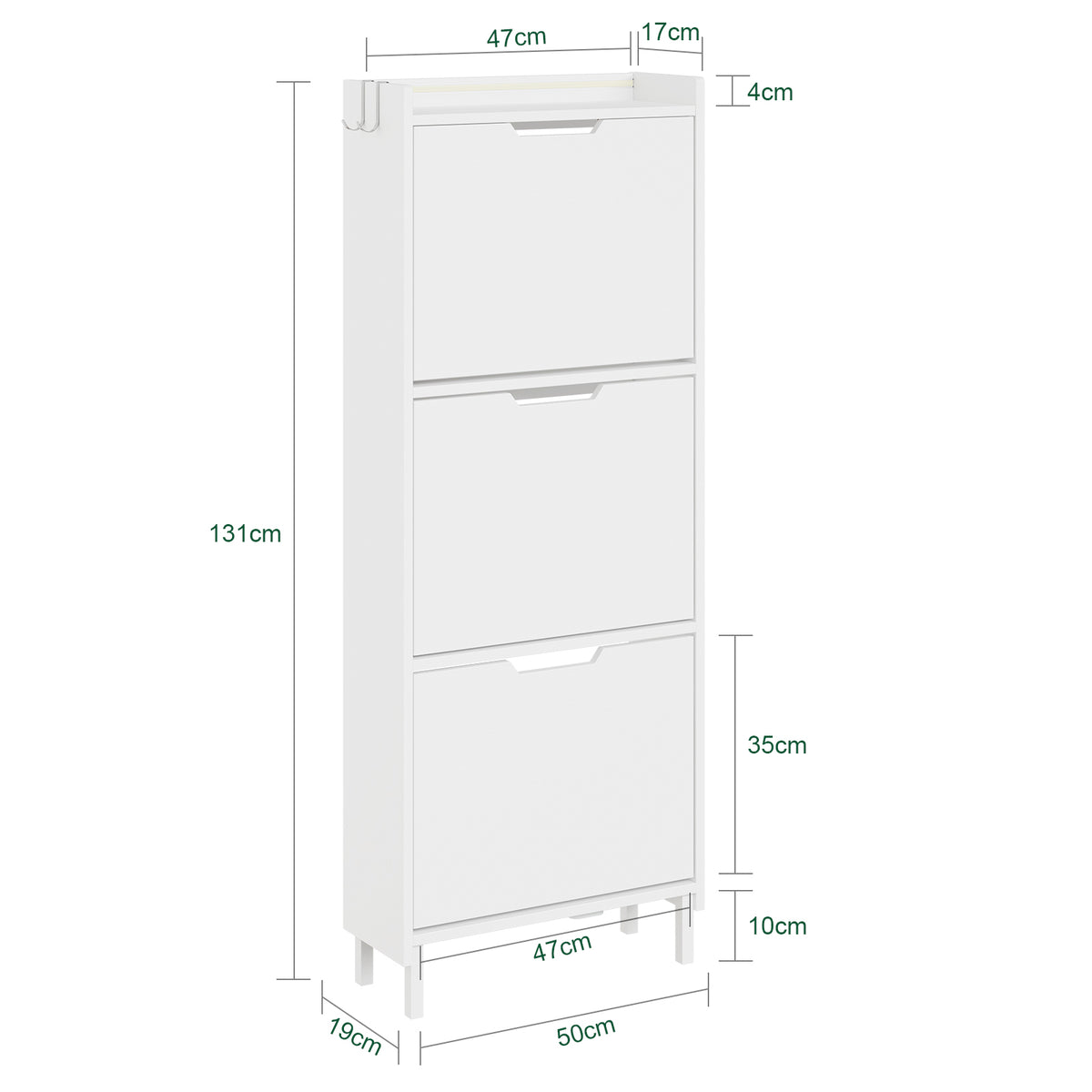 SoBuy FSR151-H-W Dulap de Pantofi cu 3 Uși Batante Ultra-Subțire 19cm, Organizator Compact pentru Hol Intrare – 50x19x129 cm, Alb