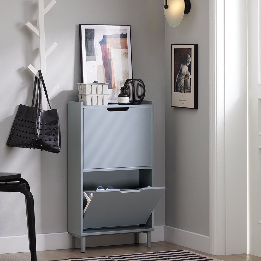 SoBuy FSR151-HG Dulap pentru pantofi cu 2 compartimente, Ultra-subțire 19cm, Depozitare compactă pentru hol – 50x19x91 cm, Gri