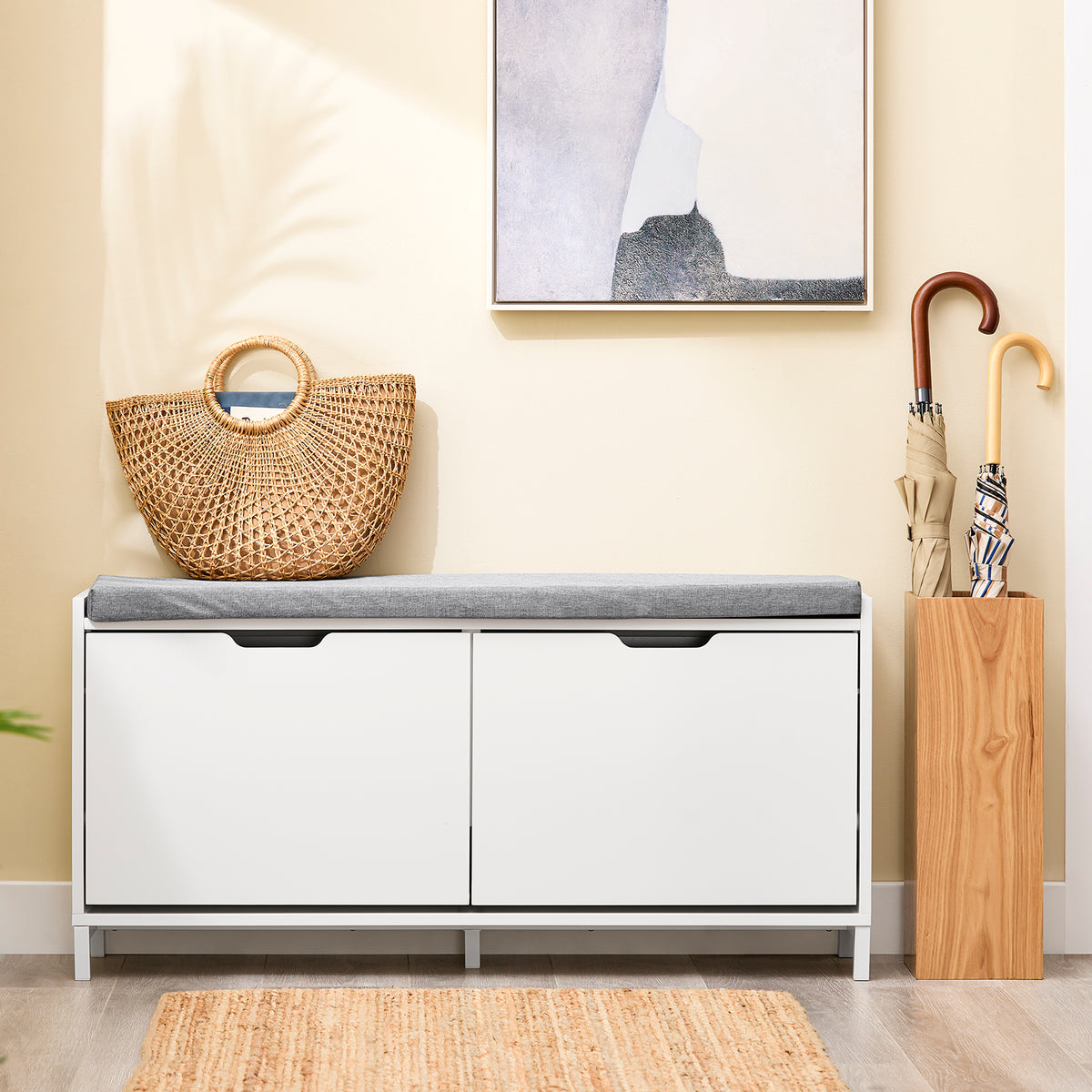 SoBuy FSR151-L-W Dulap Pantofar Bancă pentru Pantofi - Organizator Pantofi cu 4 Compartimente - Pernă Confortabilă - Capacitate de Încărcare 250 kg - Bancă de Hol din Lemn Alb 105 x 24 x 52 cm