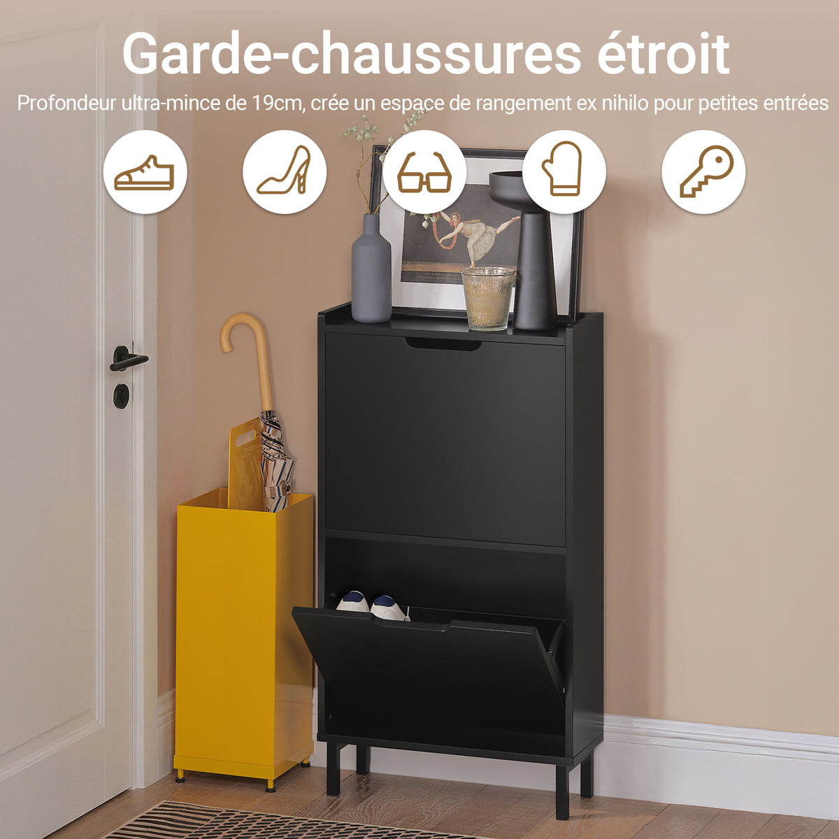 SoBuy FSR151-SCH Dulap Pantofar Ultra-Slim cu 2 Uși, 19cm, Depozitare Compactă pentru Intrare Hol – 50x19x91 cm, Negru