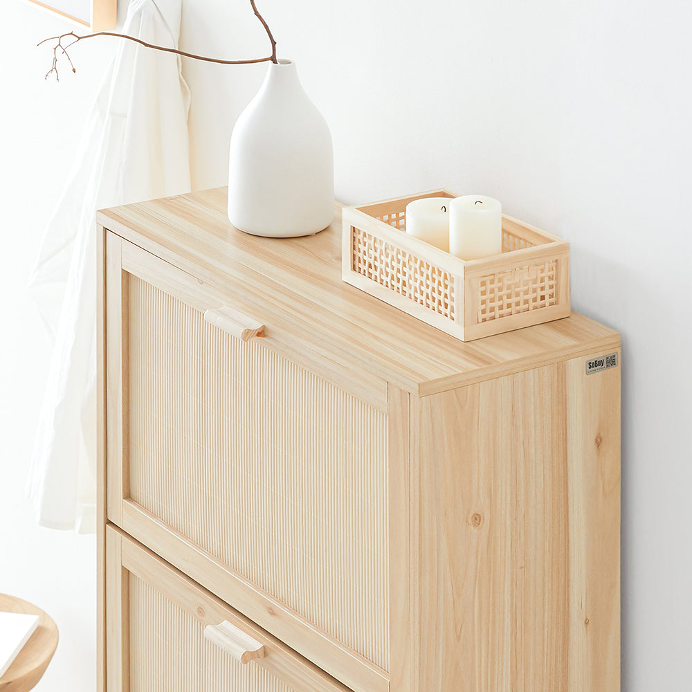 SoBuy FSR159-N Dulap de Pantofi cu 3 Uși Rabattabile, Organizator pentru Intrare Coridor – 60x24x118 cm, Natur