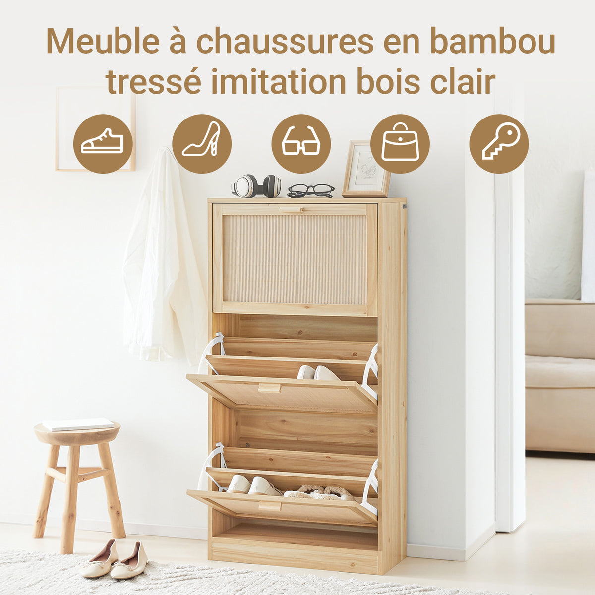 SoBuy FSR159-N Dulap de Pantofi cu 3 Uși Rabattabile, Organizator pentru Intrare Coridor – 60x24x118 cm, Natur