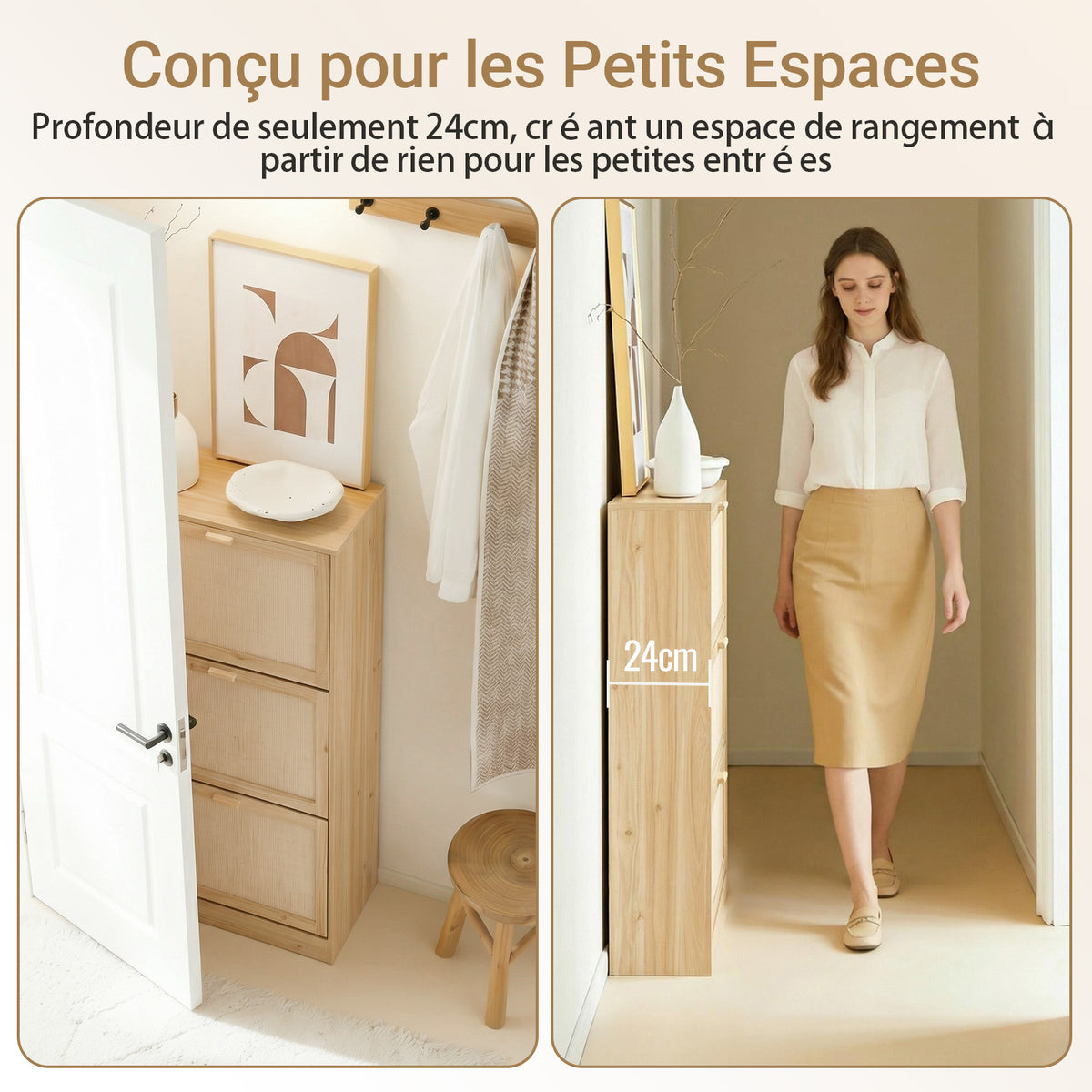 SoBuy FSR159-N Dulap de Pantofi cu 3 Uși Rabattabile, Organizator pentru Intrare Coridor – 60x24x118 cm, Natur
