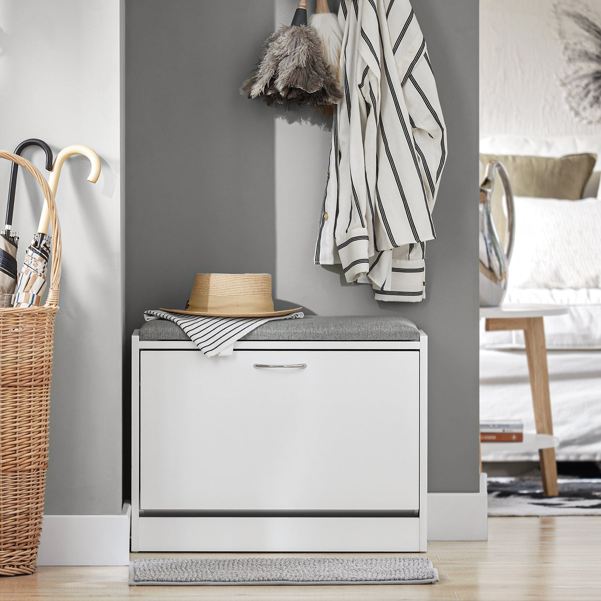 SoBuy FSR16-HG Banc de pantofi cu 1 compartiment rabatabil și pernă căptușită, Ladă de depozitare pentru hol – 60x30x46 cm, Gri