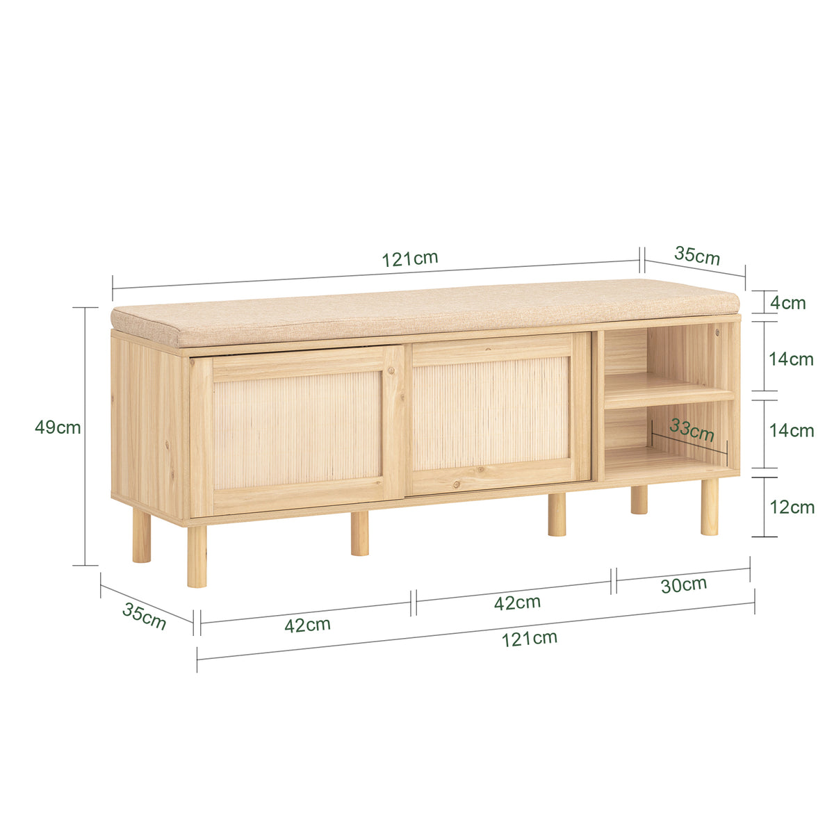 SoBuy FSR163-N Banc pentru Pantofi 121cm – Pernă Detașabilă, 2 Uși Glisante, 6 Compartimente, 230kg – Natural
