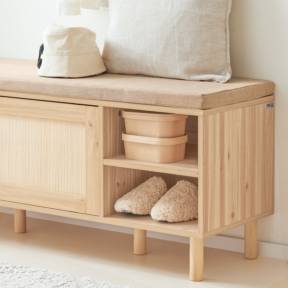 SoBuy FSR163-N Banc pentru Pantofi 121cm – Pernă Detașabilă, 2 Uși Glisante, 6 Compartimente, 230kg – Natural