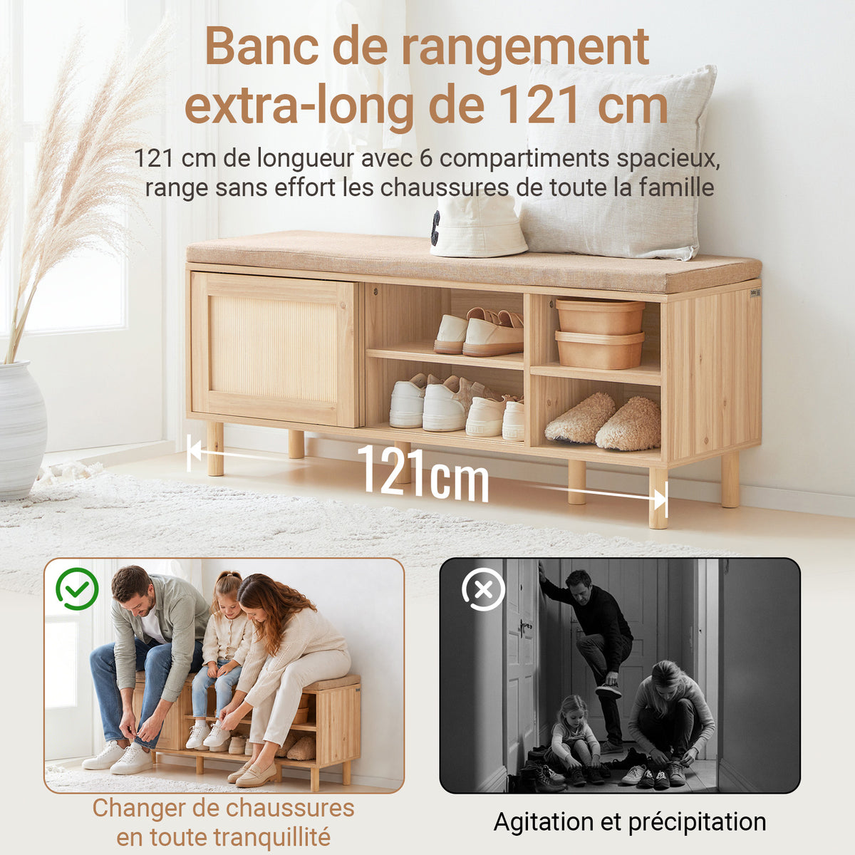 SoBuy FSR163-N Banc pentru Pantofi 121cm – Pernă Detașabilă, 2 Uși Glisante, 6 Compartimente, 230kg – Natural