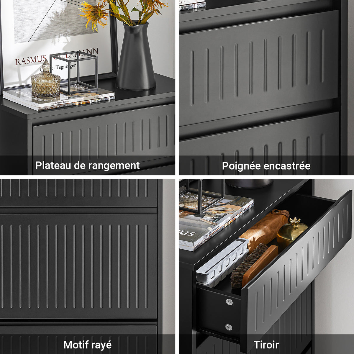 SoBuy FSR165-SCH Dulap Pantofar cu Bancă Tapițată, Cufăr de Depozitare cu 2 Compartimente Rabatabile pentru Hol – Negru