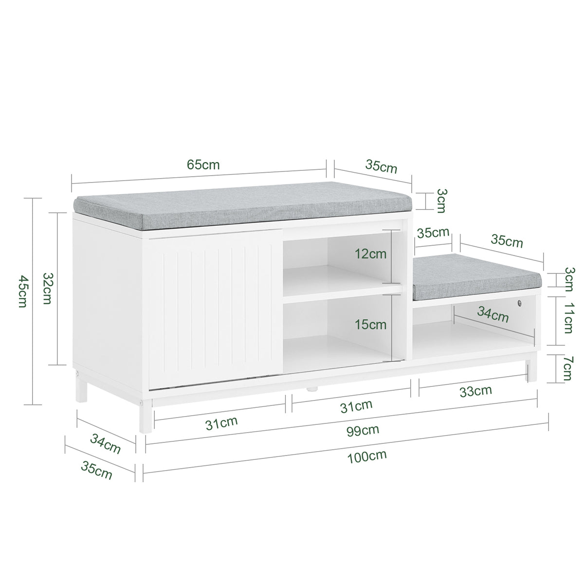 SoBuy FSR166-W Banc de Rangement, Banc à Chaussures avec 2 Coussin Rembourré, avec 1 Porte Coulissante et 3 Compartiments