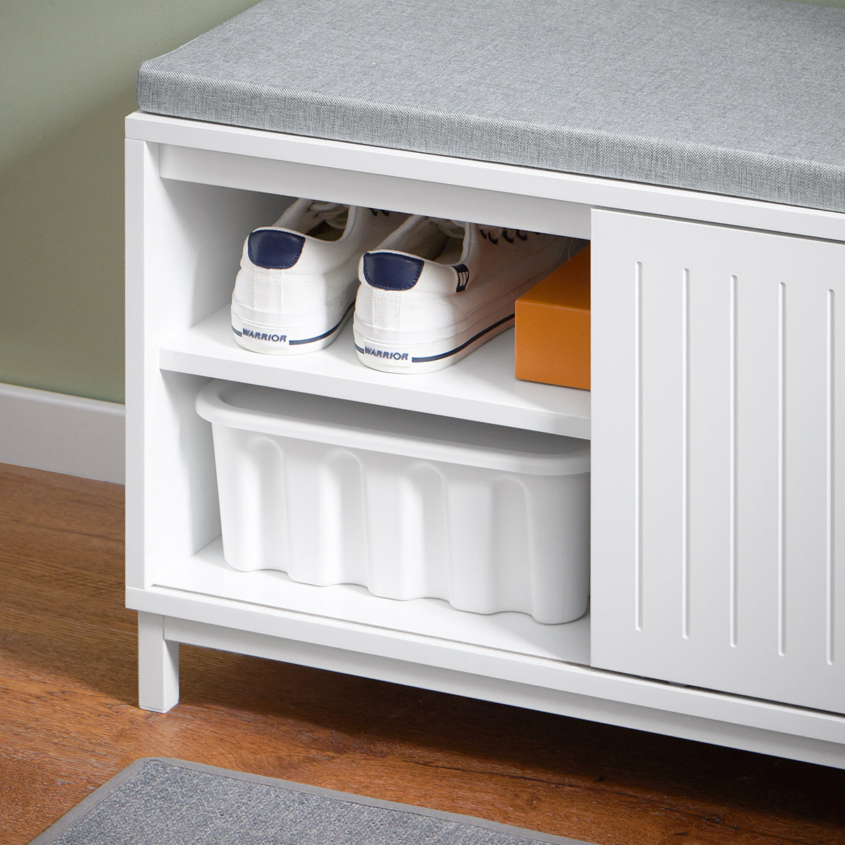 SoBuy FSR166-W Banc de Rangement, Banc à Chaussures avec 2 Coussin Rembourré, avec 1 Porte Coulissante et 3 Compartiments