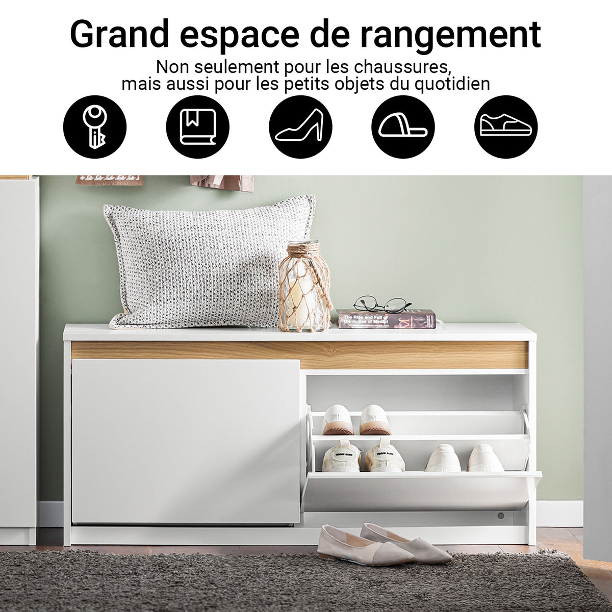 SoBuy FSR171-W Banc pentru Pantofi 104cm – 2 Rabatabile, Compartiment Superior, 240kg, MDF E1 – Alb și Lemn