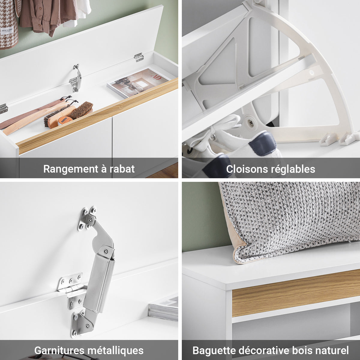 SoBuy FSR171-W Banc pentru Pantofi 104cm – 2 Rabatabile, Compartiment Superior, 240kg, MDF E1 – Alb și Lemn