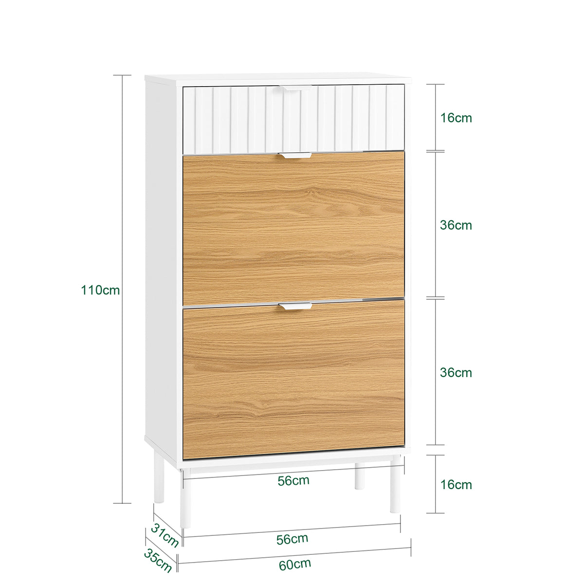 SoBuy FSR174-WN Armoire à Chaussures 2 Abattants et 1 Tiroir, Rangement pour Entrée Couloir – 60x35x110 cm, Blanc et Naturel