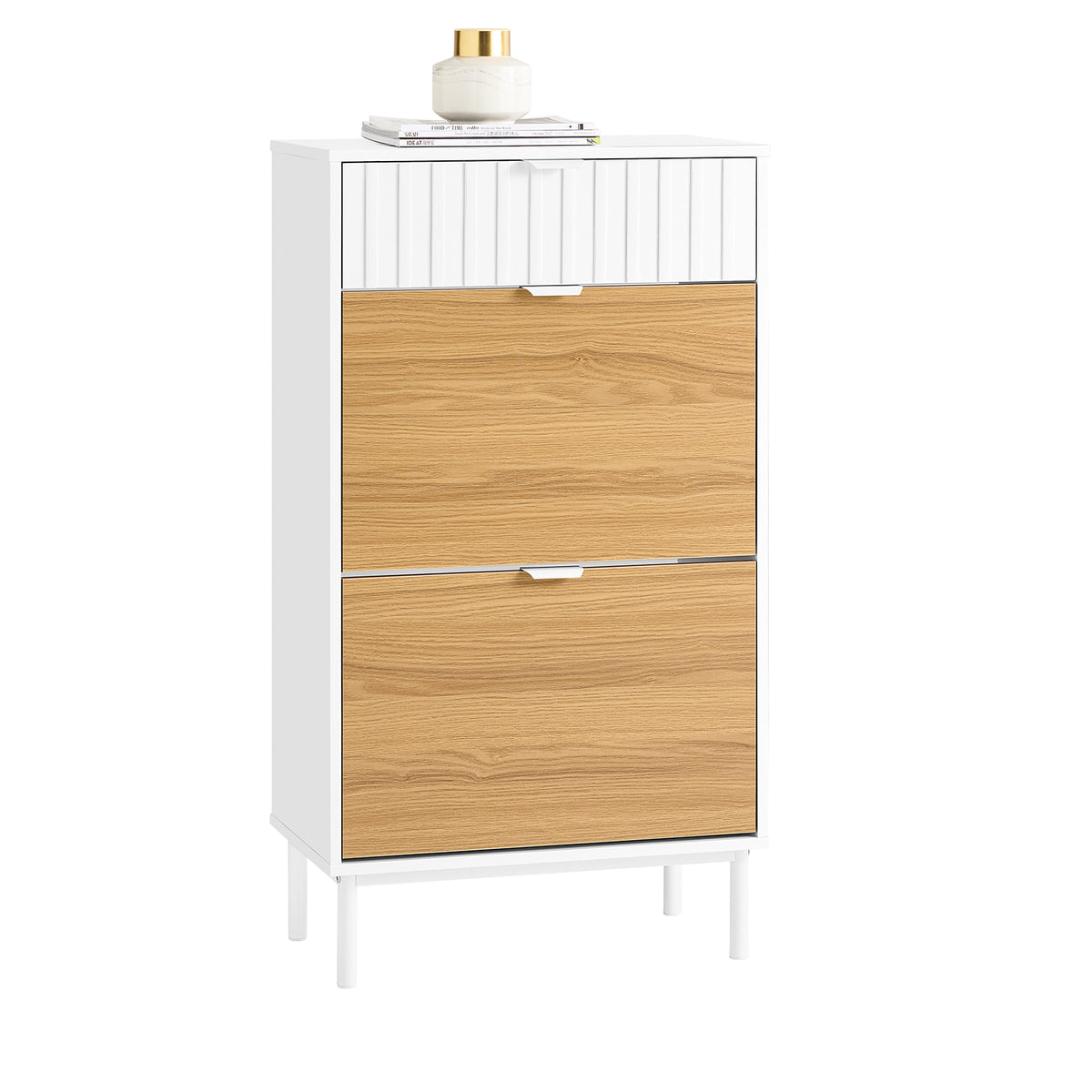 SoBuy FSR174-WN Armoire à Chaussures 2 Abattants et 1 Tiroir, Rangement pour Entrée Couloir – 60x35x110 cm, Blanc et Naturel