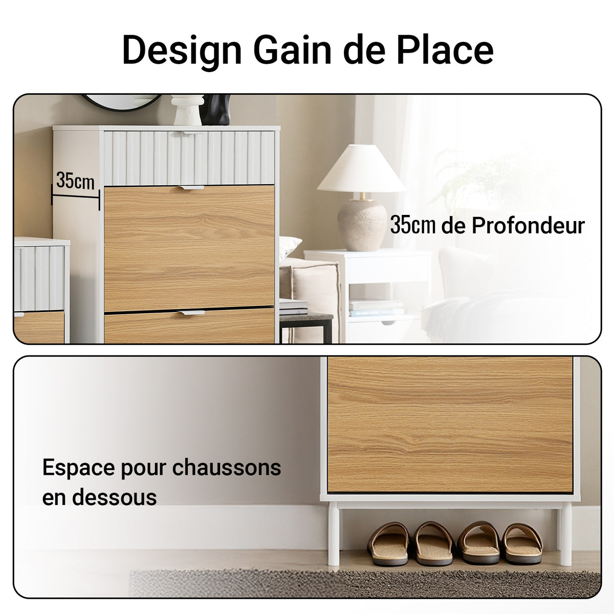 SoBuy FSR174-WN Armoire à Chaussures 2 Abattants et 1 Tiroir, Rangement pour Entrée Couloir – 60x35x110 cm, Blanc et Naturel