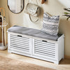 SoBuy FSR184-W Banc Chaussures, Rangement pour Chaussures, Armoire à Chaussures, Meuble d'entrée, Coffre avec 2 Abattants et 1 Coussin, pour Entrée, Couloir, Chambre et Salon, Blanc, L110xP29xH49 cm