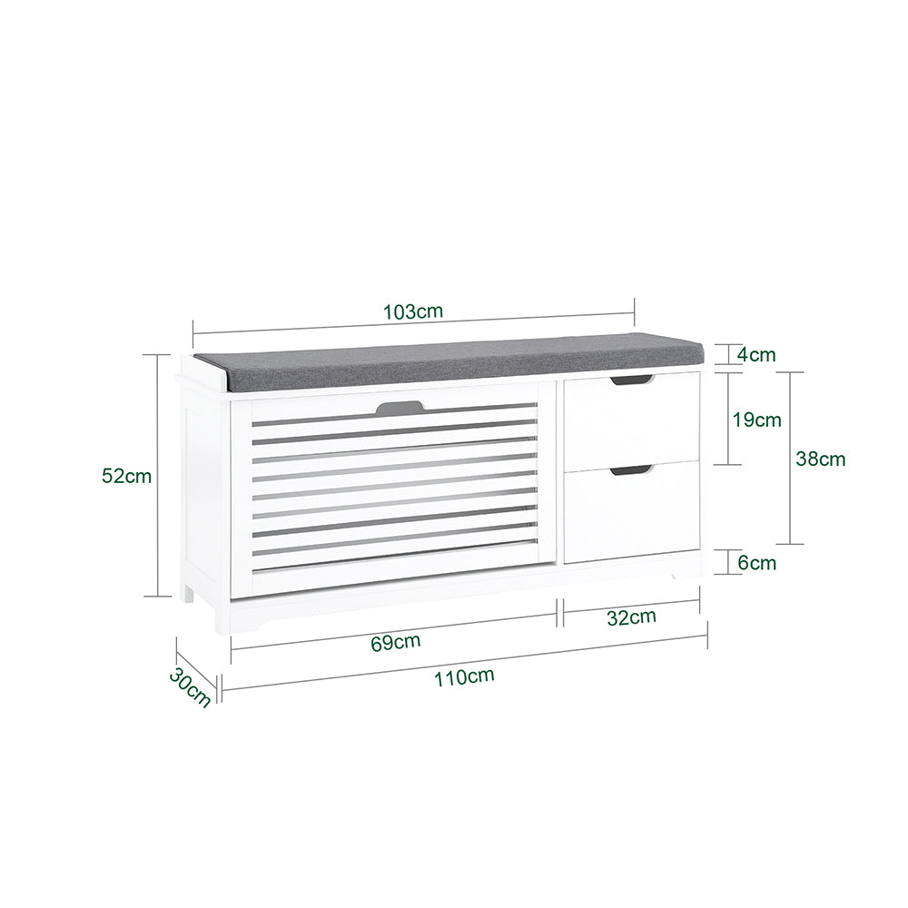 SoBuy FSR185-W Banc de Rangement, Meuble d'Entrée, Commode à Chaussure, Banquette avec Coussin Rembourré 1 Abattant et 2 Tiroir