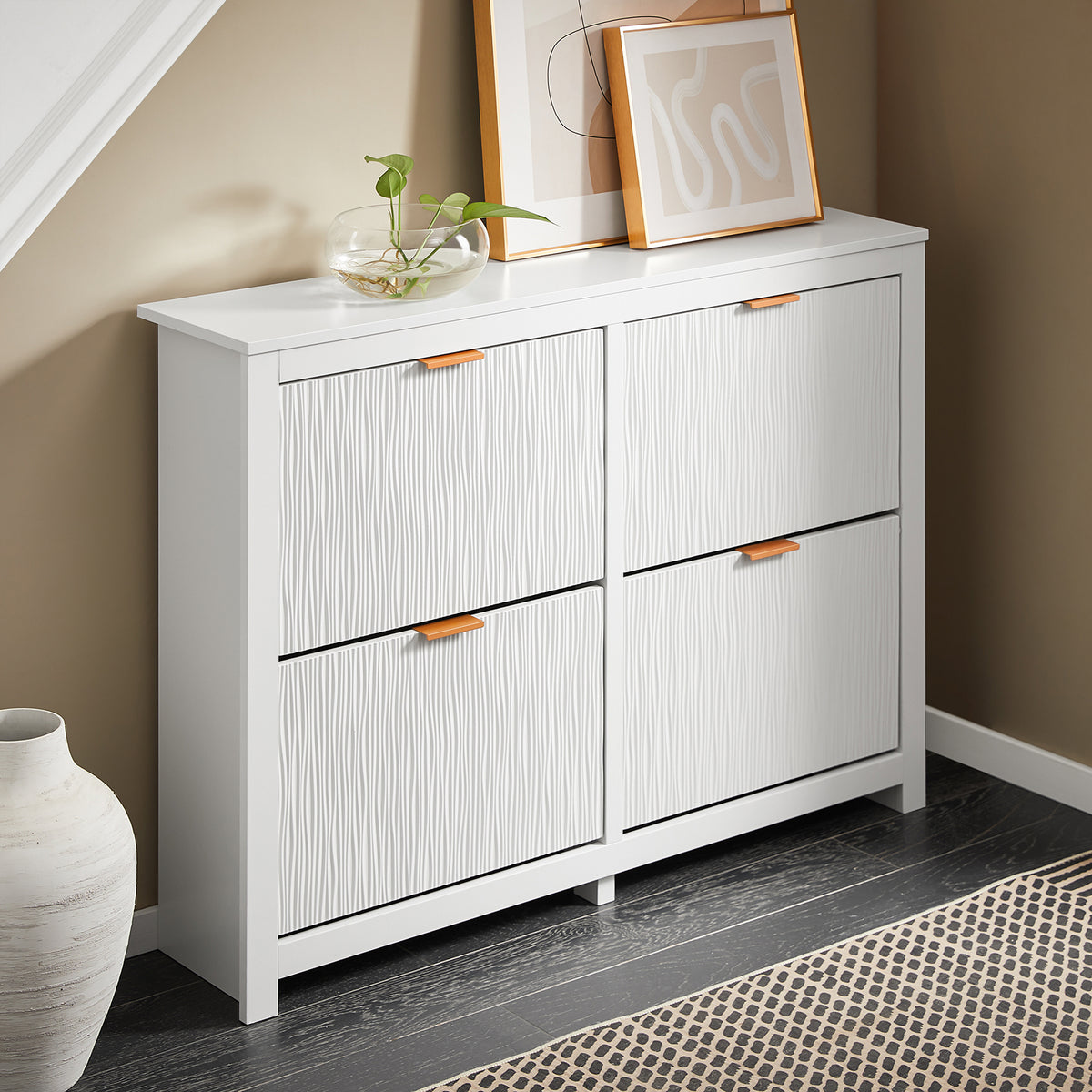 SoBuy FSR186-II-W Pantofar cu Uși Rabtabile și 4 Niveluri – Organizare de Familie pentru Intrare – 104x23x82 cm Alb