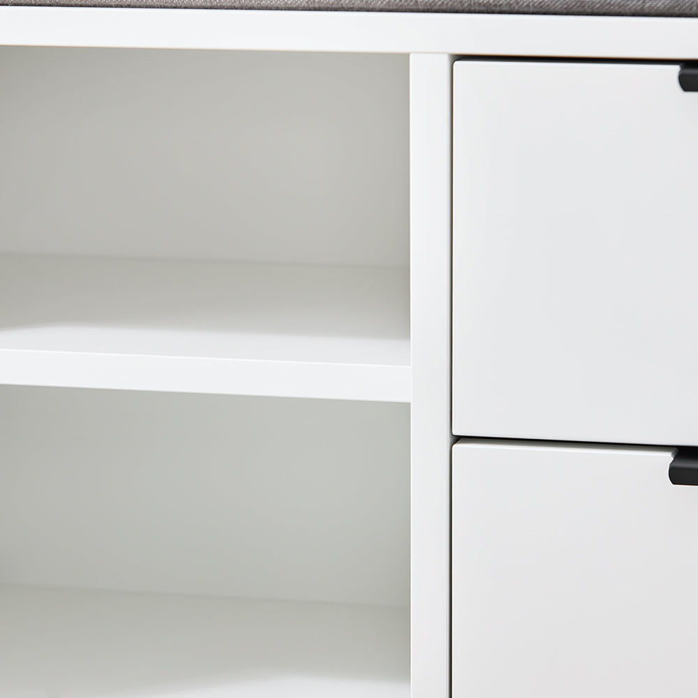 SoBuy FSR187-W Banc à Chaussures avec Coussin Rembourré, 2 Portes Coulissantes et 2 Tiroirs, pour Entrée et Couloir, Compact – L110×P35×H51 cm, Métal, Blanc