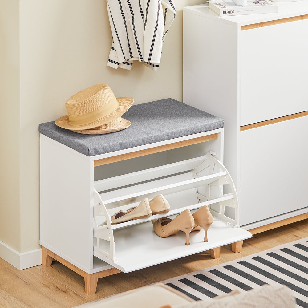 SoBuy FSR191-WN Banc pentru Pantofi cu Pernă Căptușită și 1 Compartiment cu Ușă cu Rabată pentru Hol de Intrare – 60x34x55 cm, Alb și Natur